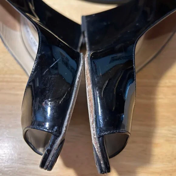 Women Jimmy Choo Baxen Black Patent Leather Peep Toe Wedge Pumps Heels 36 US/6